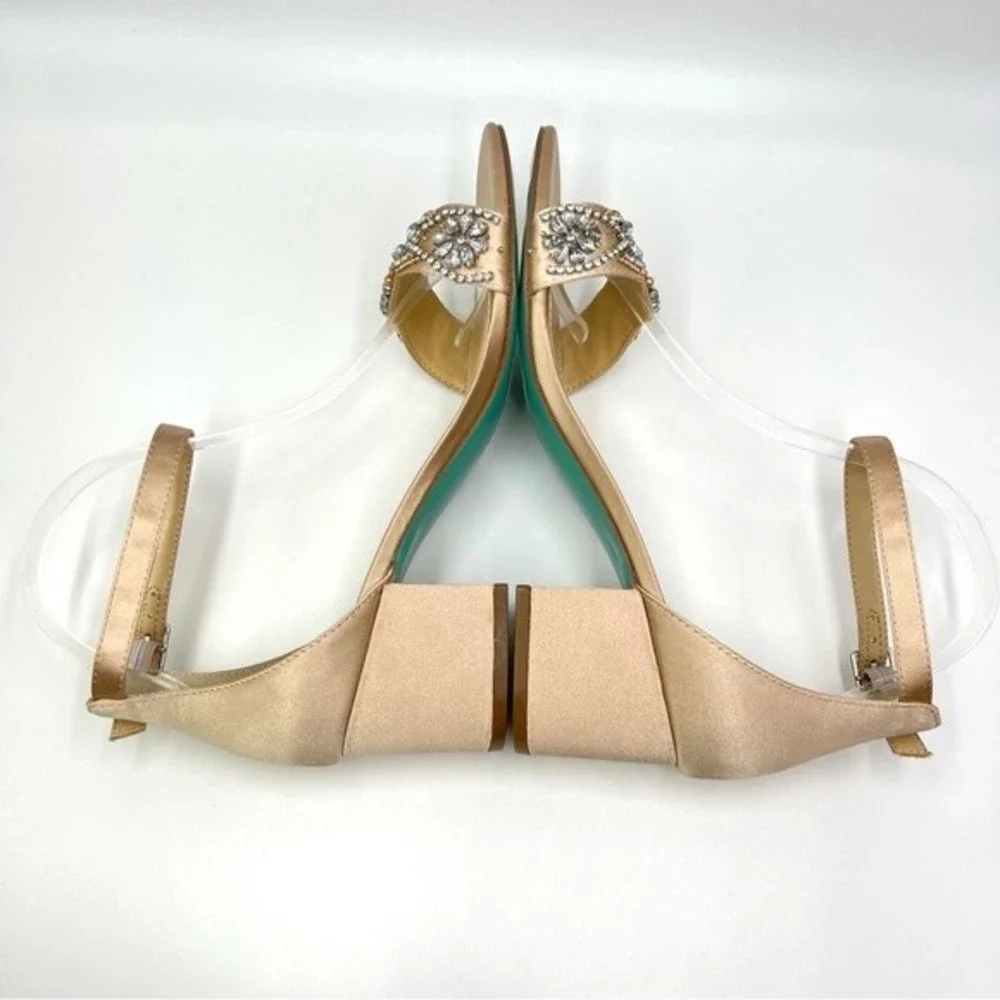 Betsey Johnson‎ Size 8.5 Jeweled Jewel Champagne Block Heels Dress Sandals Shoes